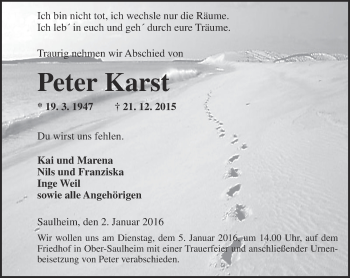 Traueranzeige von Peter Karst von  Allgemeine Zeitung Mainz