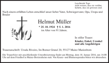 Traueranzeige von Helmut Müller von  Allgemeine Zeitung Mainz