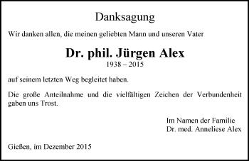 Traueranzeige von Jürgen Alex von  Gießener Anzeiger