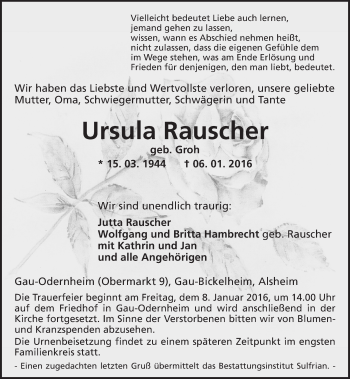 Traueranzeige von Ursula Rauscher von  Allgemeine Zeitung Alzey