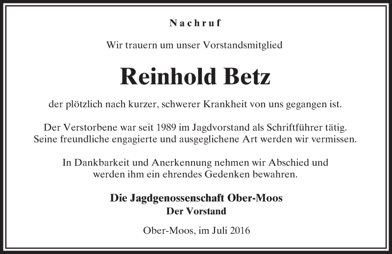  Traueranzeige für Reinhold Betz vom 29.07.2016 aus VRM Trauer