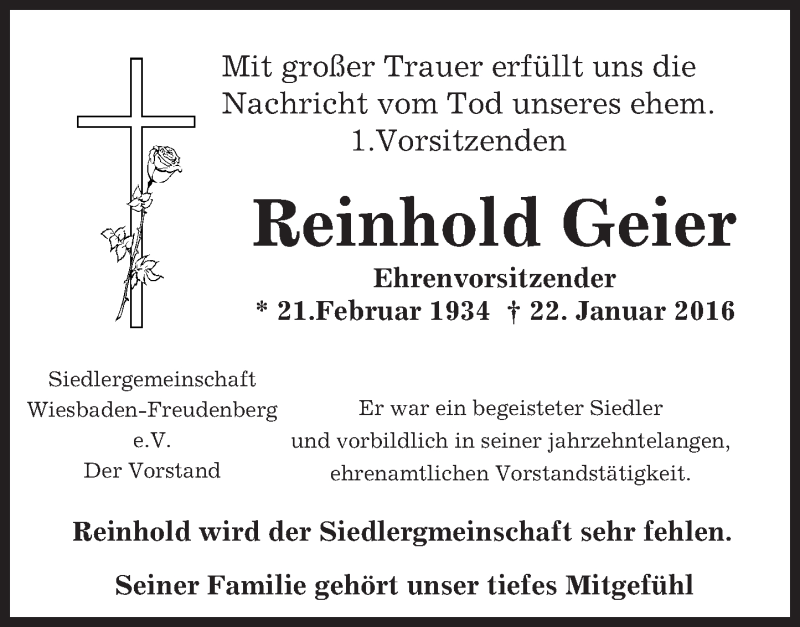  Traueranzeige für Reinhold Geier vom 30.01.2016 aus trauer.rmp.de