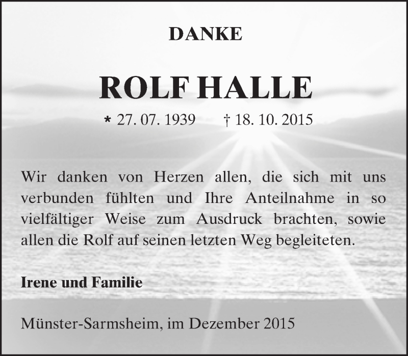  Traueranzeige für Rolf Halle vom 19.12.2015 aus  Allgemeine  Zeitung Ingelheim-Bingen
