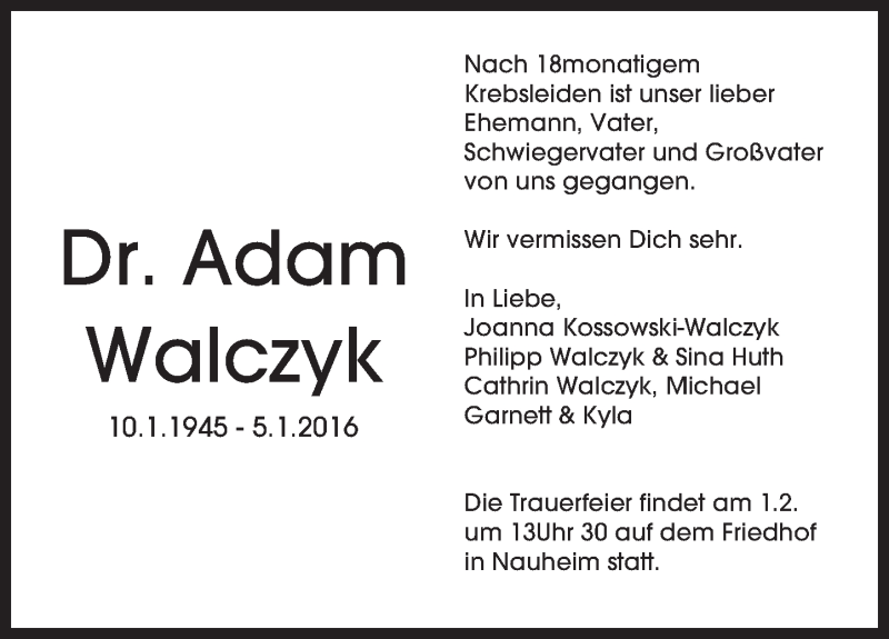  Traueranzeige für Adam Walczyk vom 16.01.2016 aus  Mainspitze