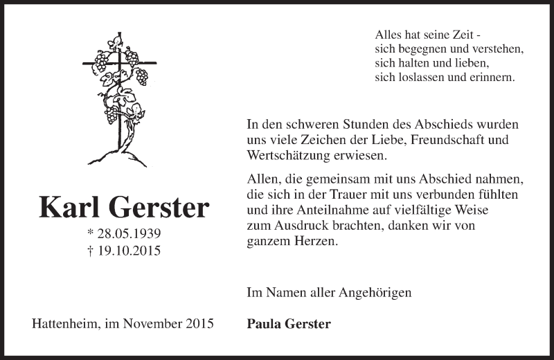  Traueranzeige für Karl Gerster vom 21.11.2015 aus  Rheingau