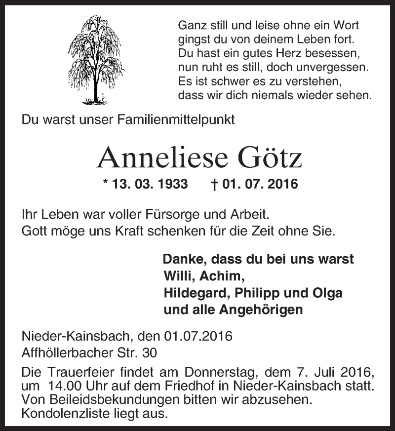  Traueranzeige für Anneliese Götz vom 05.07.2016 aus Trauerportal Echo Online