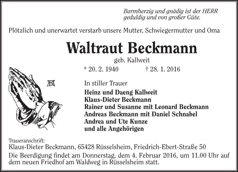  Traueranzeige für Waltraut Beckmann vom 03.02.2016 aus  Mainspitze