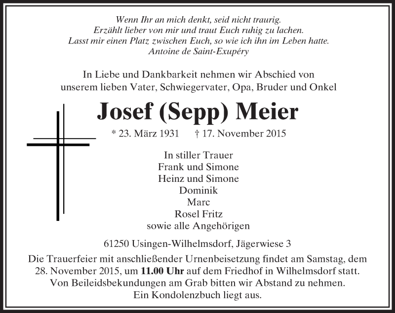  Traueranzeige für Josef Meier vom 20.11.2015 aus  Usinger Anzeiger