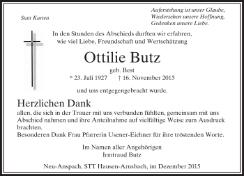Traueranzeige von Ottilie Butz von  Usinger Anzeiger