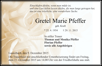 Traueranzeige von Gretel Marie Pfeffer von VRM Trauer
