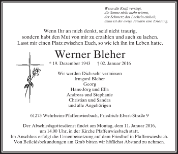Traueranzeige von Werner Bleher von  Usinger Anzeiger