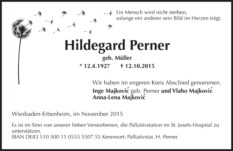  Traueranzeige für Hildegard Perner vom 21.11.2015 aus  Wiesbaden komplett