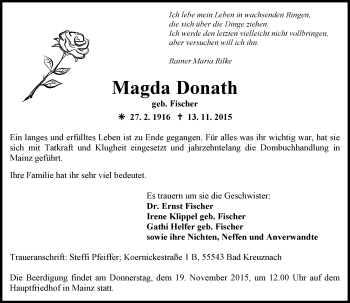 Traueranzeige von Magda Donath von  Allgemeine Zeitung Mainz