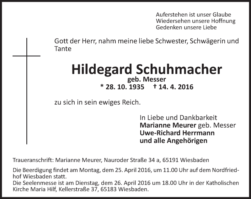  Traueranzeige für Hildegard Schuhmacher vom 20.04.2016 aus  Wiesbaden komplett