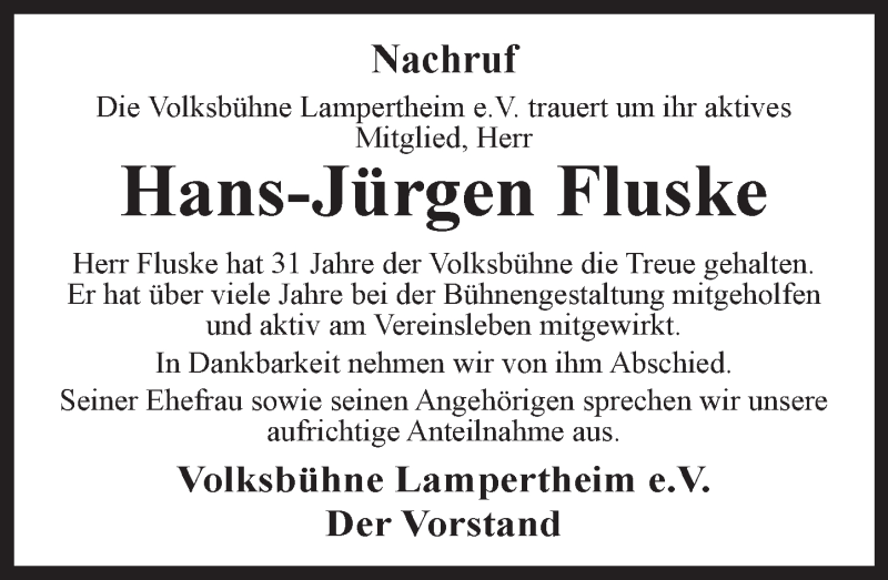  Traueranzeige für Hans-Jürgen Fluske vom 05.12.2015 aus  Bürstädter Zeitung