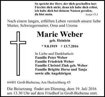 Traueranzeige von Marie Weber von Trauerportal Echo Online
