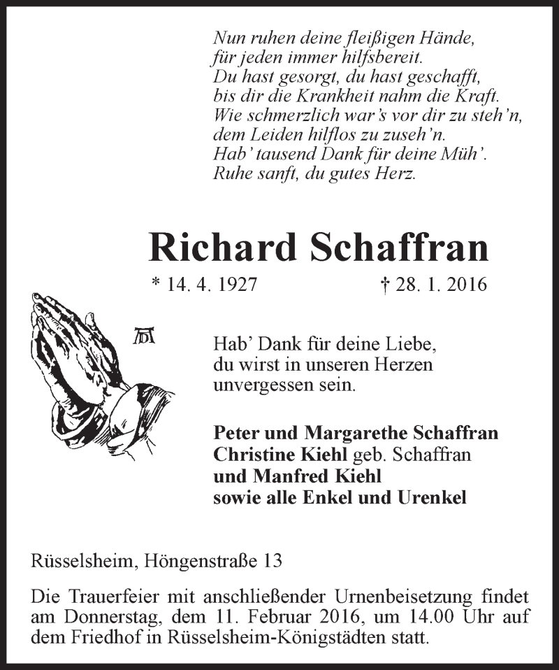  Traueranzeige für Richard Schaffran vom 06.02.2016 aus  Mainspitze