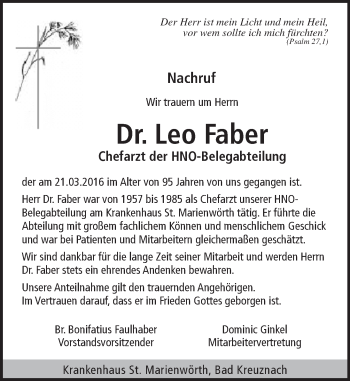 Traueranzeige von Leo Faber von trauer.rmp.de