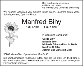 Traueranzeige von Manfred Bihy von Trauerportal Rhein Main Presse