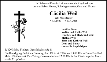 Traueranzeige von Cäcilia Weil von  Allgemeine Zeitung Mainz