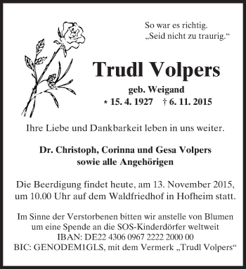 Traueranzeige von Trudl Volpers von  Hofheimer Zeitung
