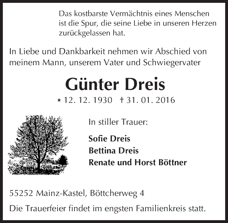  Traueranzeige für Günter Dreis vom 03.02.2016 aus  Allgemeine Zeitung Mainz
