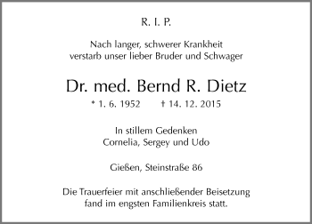Traueranzeige von Bernd R. Dietz von  Gießener Anzeiger