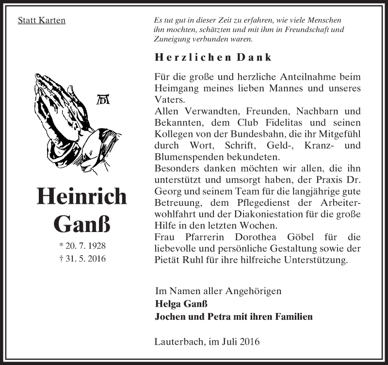  Traueranzeige für Heinrich  Ganß vom 16.07.2016 aus  OK Oberhessen Kurier