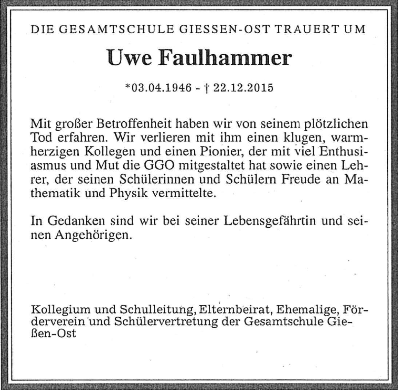  Traueranzeige für Uwe Faulhammer vom 11.01.2016 aus  Gießener Anzeiger