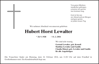 Traueranzeige von Hubert Horst Lewalter von  Gelnhäuser Tageblatt