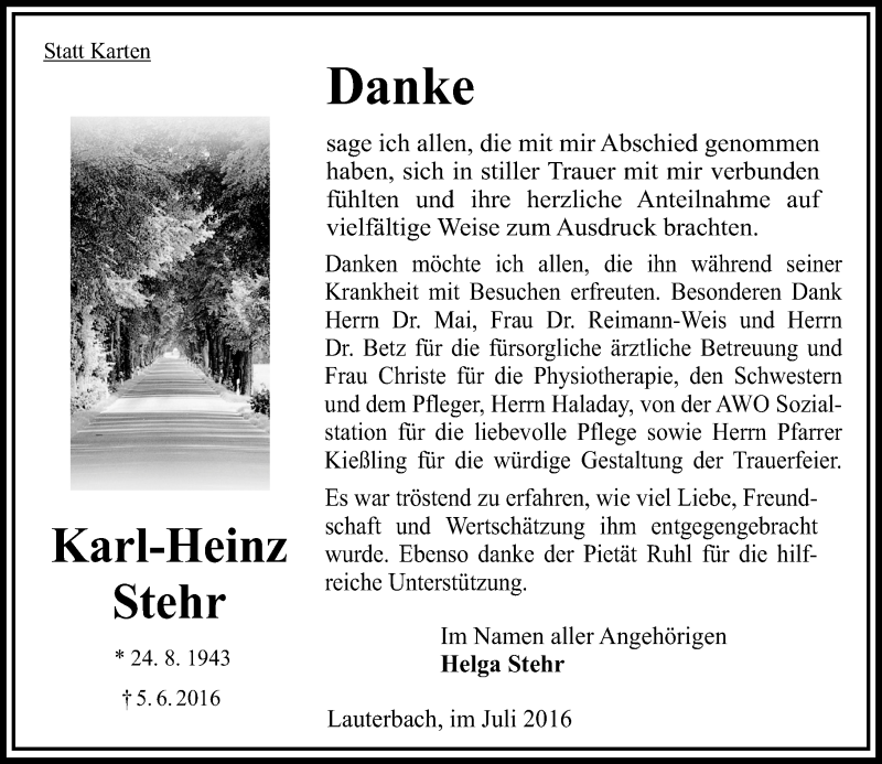  Traueranzeige für Karl-Heinz Stehr vom 23.07.2016 aus  OK Oberhessen Kurier