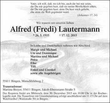 Traueranzeige von Alfred  Lautermann von  Allgemeine  Zeitung Ingelheim-Bingen