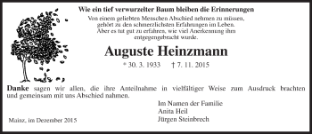 Traueranzeige von Auguste Heinzmann von  Allgemeine Zeitung Mainz