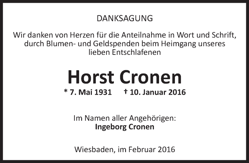  Traueranzeige für Horst Cronen vom 06.02.2016 aus  Wiesbaden komplett