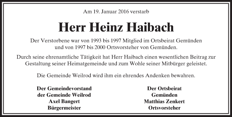  Traueranzeige für Heinz Haibach vom 30.01.2016 aus  Usinger Anzeiger