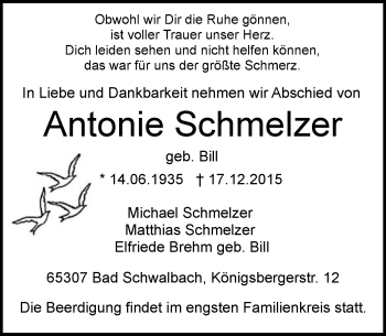 Traueranzeige von Antonie Schmelzer von  Wiesbaden komplett