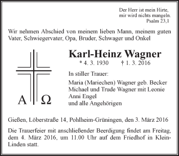Traueranzeige von Karl-Heinz Wagner von  Gießener Anzeiger