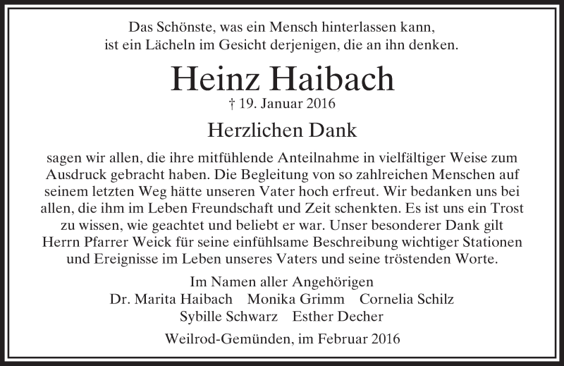  Traueranzeige für Heinz Haibach vom 20.02.2016 aus  Usinger Anzeiger