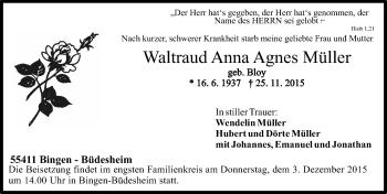 Traueranzeige von Waltraud Anna Agnes Müller von  Allg. Zeitung Bad Kreuznach