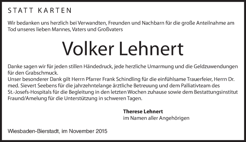  Traueranzeige für Volker Lehnert vom 21.11.2015 aus  Wiesbaden komplett