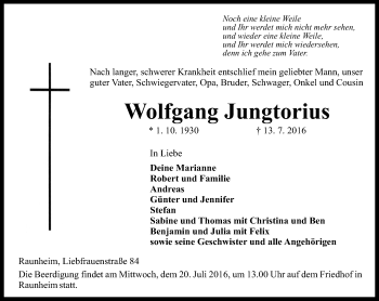 Traueranzeige von Wolfgang Jungtorius von Trauerportal Rhein Main Presse
