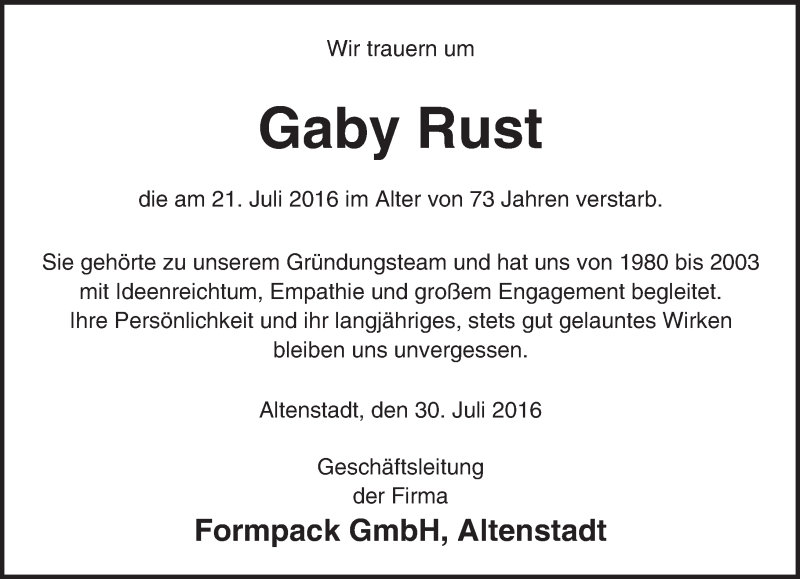  Traueranzeige für Gaby Rust vom 30.07.2016 aus  Kreisanzeiger
