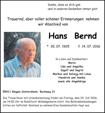 Traueranzeige von Hans Bernd von Trauerportal Rhein Main Presse