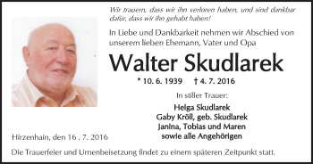 Traueranzeige von Walter Skudlarek von  Kreisanzeiger