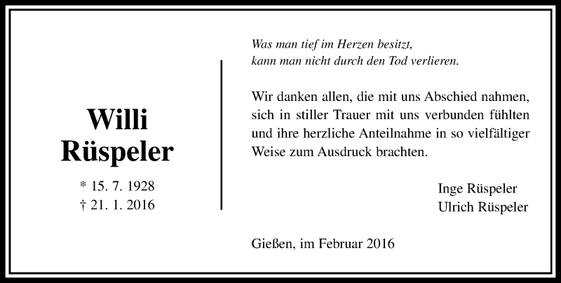  Traueranzeige für Willi Rüspeler vom 13.02.2016 aus  Gießener Anzeiger