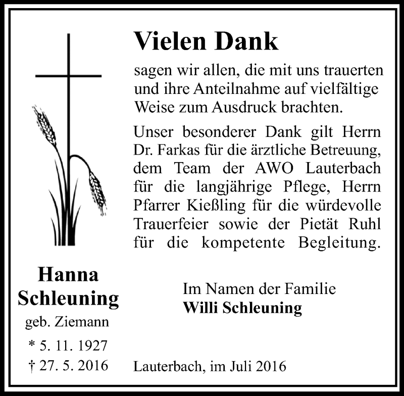  Traueranzeige für Hanna Schleuning vom 16.07.2016 aus  OK Oberhessen Kurier