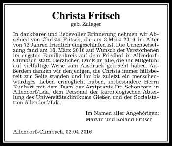 Traueranzeige von Christa Fritsch von  Gießener Anzeiger