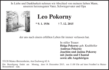 Traueranzeige von Leo Pokorny von  Allgemeine Zeitung Mainz