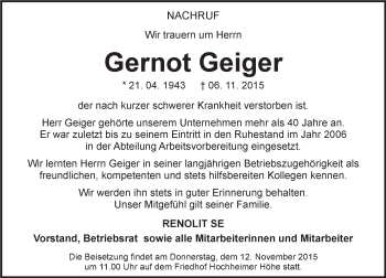Traueranzeige von Gernot Geiger von  Wormser Zeitung