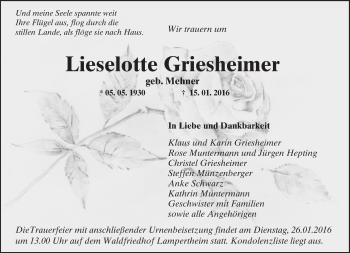 Traueranzeige von Lieselotte Griesheimer von  Bürstädter Zeitung